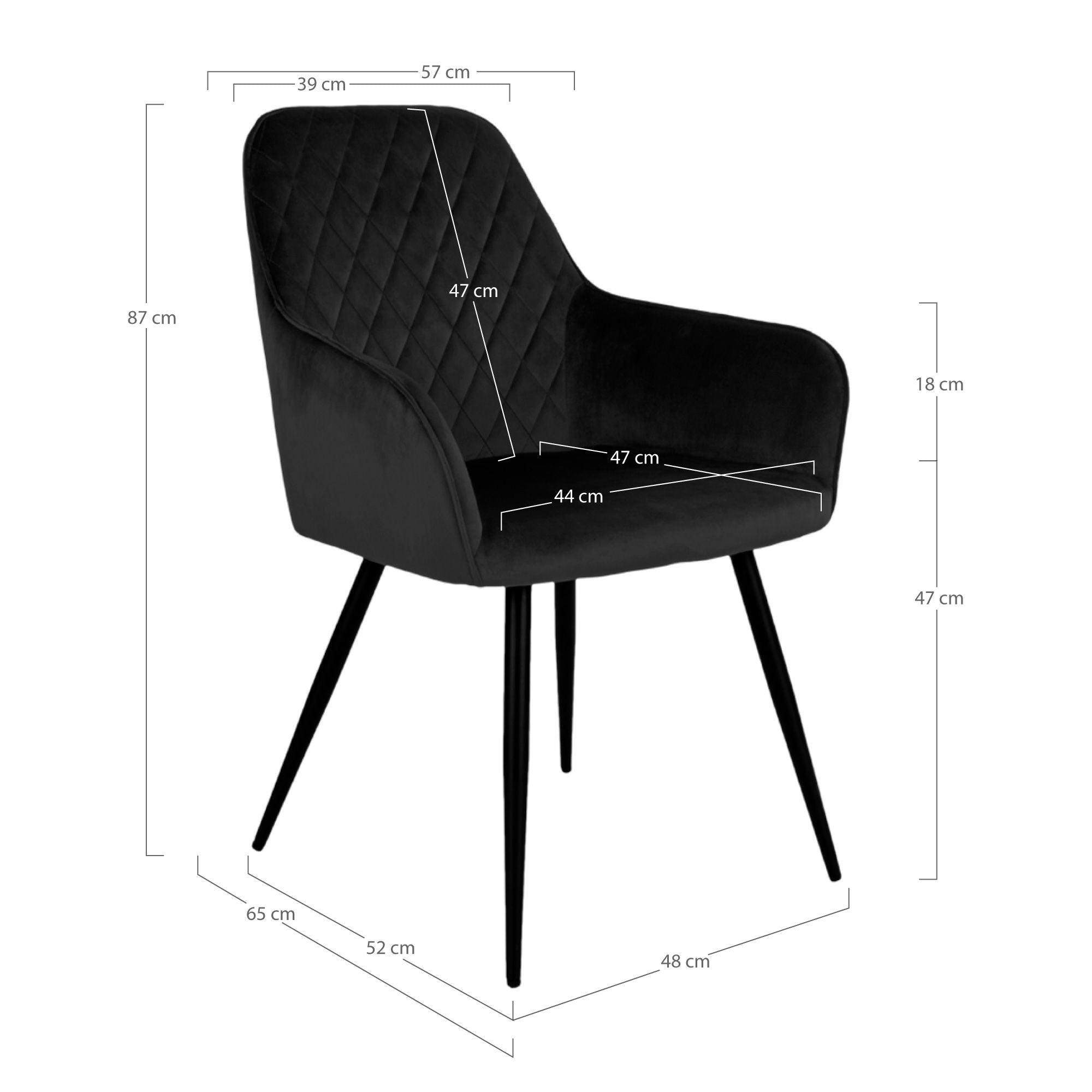 Harbo Esszimmerstuhl 2er Set – Samt, schwarz, schwarze Beine, 65 × 57 × 87 cm